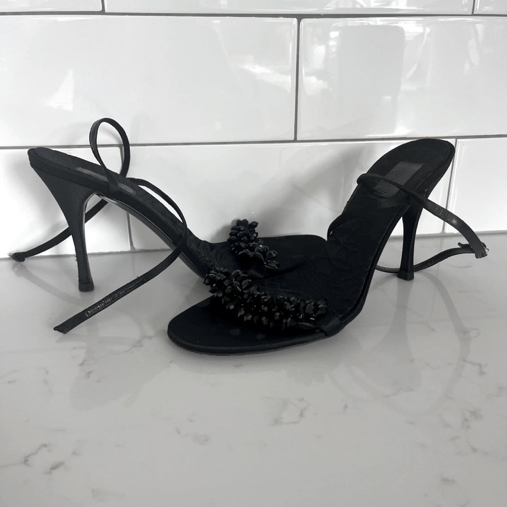 Gucci strappy satin stilettos with rhinestone detail. Size 9B $1200